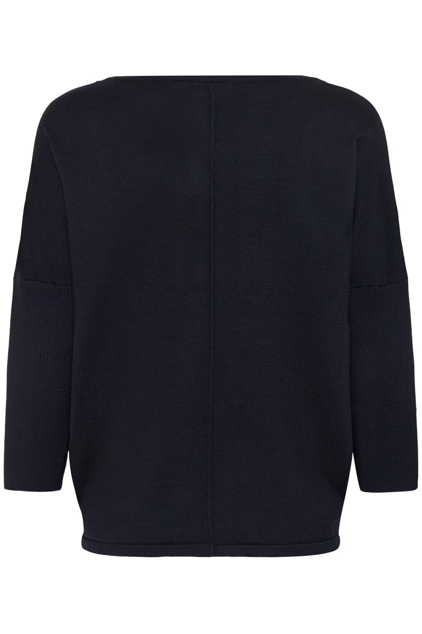 A dark navy blue knit sweater shown from the back, featuring a wide shoulder design and ribbed cuffs, set against a plain white background.