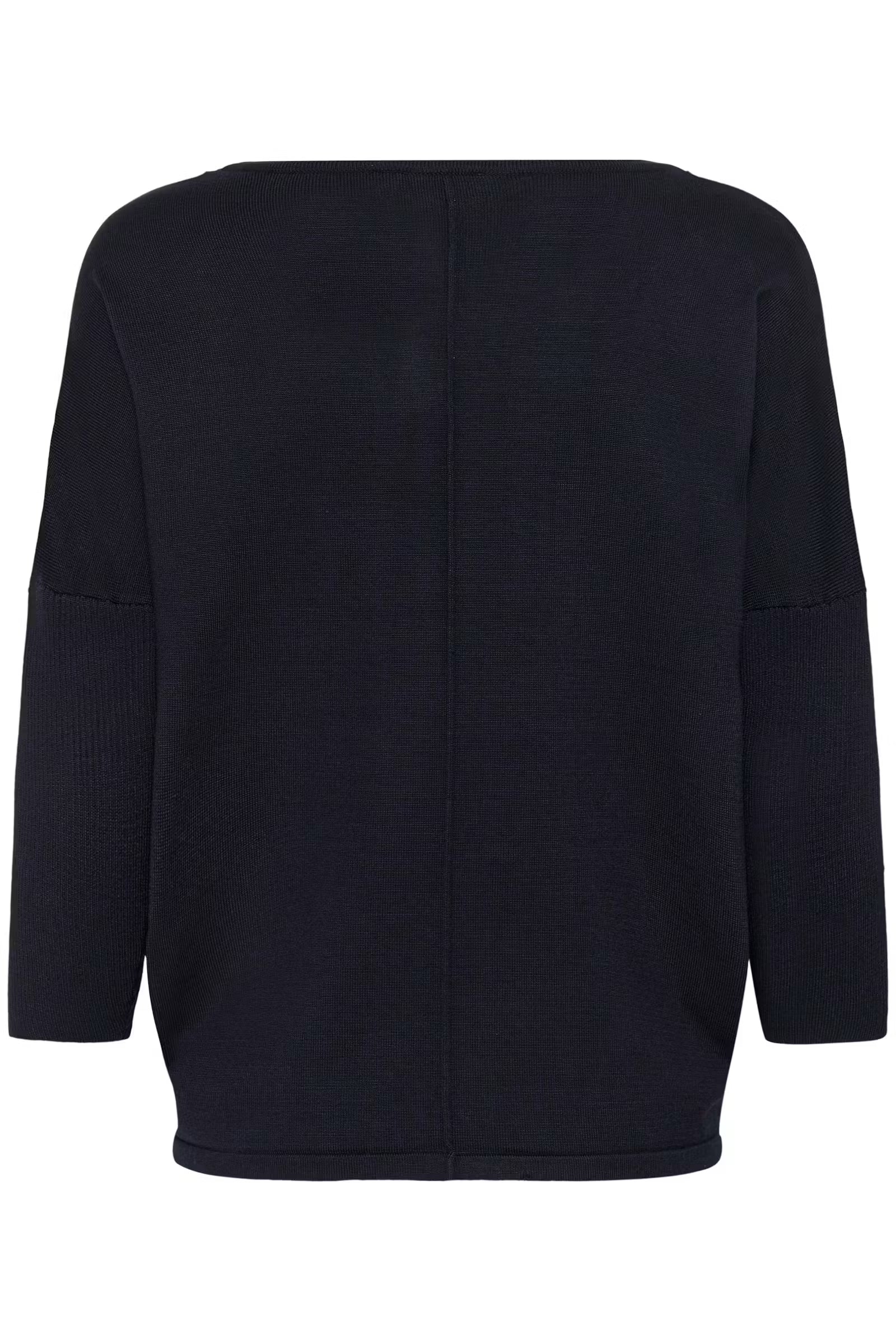 A dark navy blue knit sweater shown from the back, featuring a wide shoulder design and ribbed cuffs, set against a plain white background.