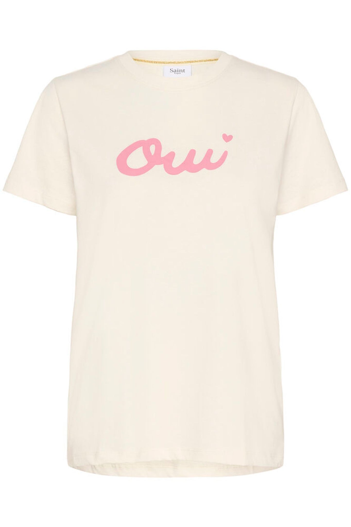 White t-shirt with pink 'Oui' text on a white background