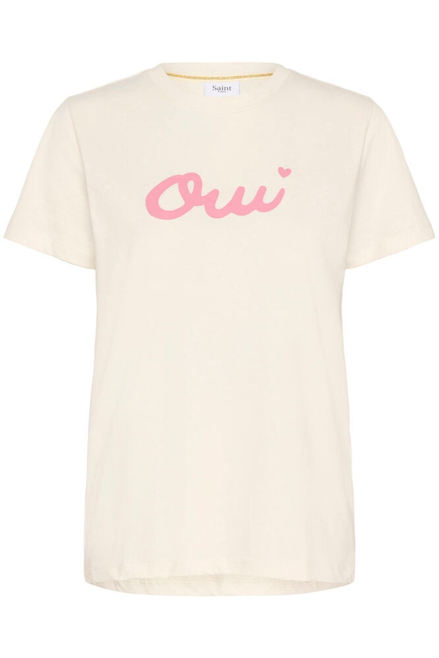 White t-shirt with pink 'Oui' text on a white background