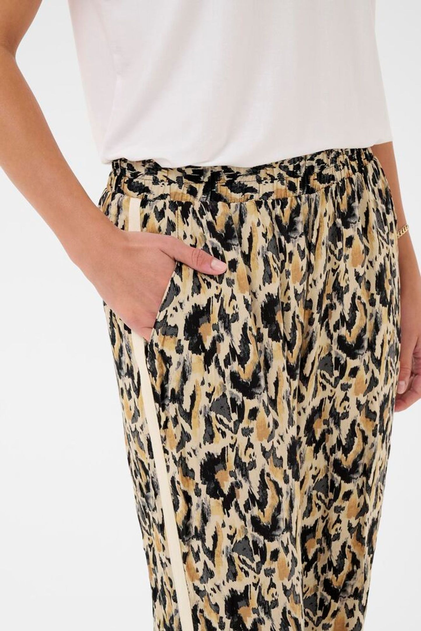 Leopard print pants worn by a person on a white background