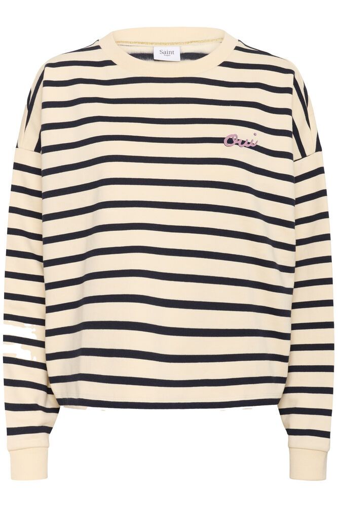 Beige and navy striped sweater with a brand logo on a white background