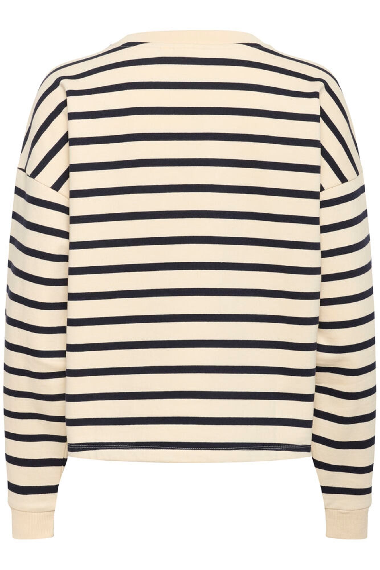 Striped sweater with black and beige stripes on a white background