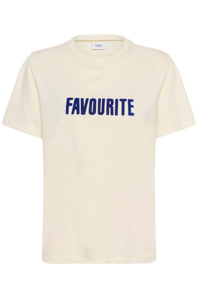 Beige t-shirt with 'FAVOURITE' printed in blue on a white background