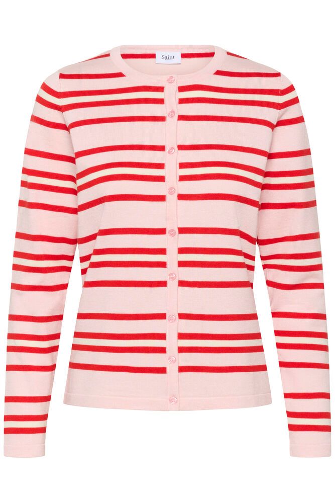 Product shot of pink cardigan with red stripes on a white background