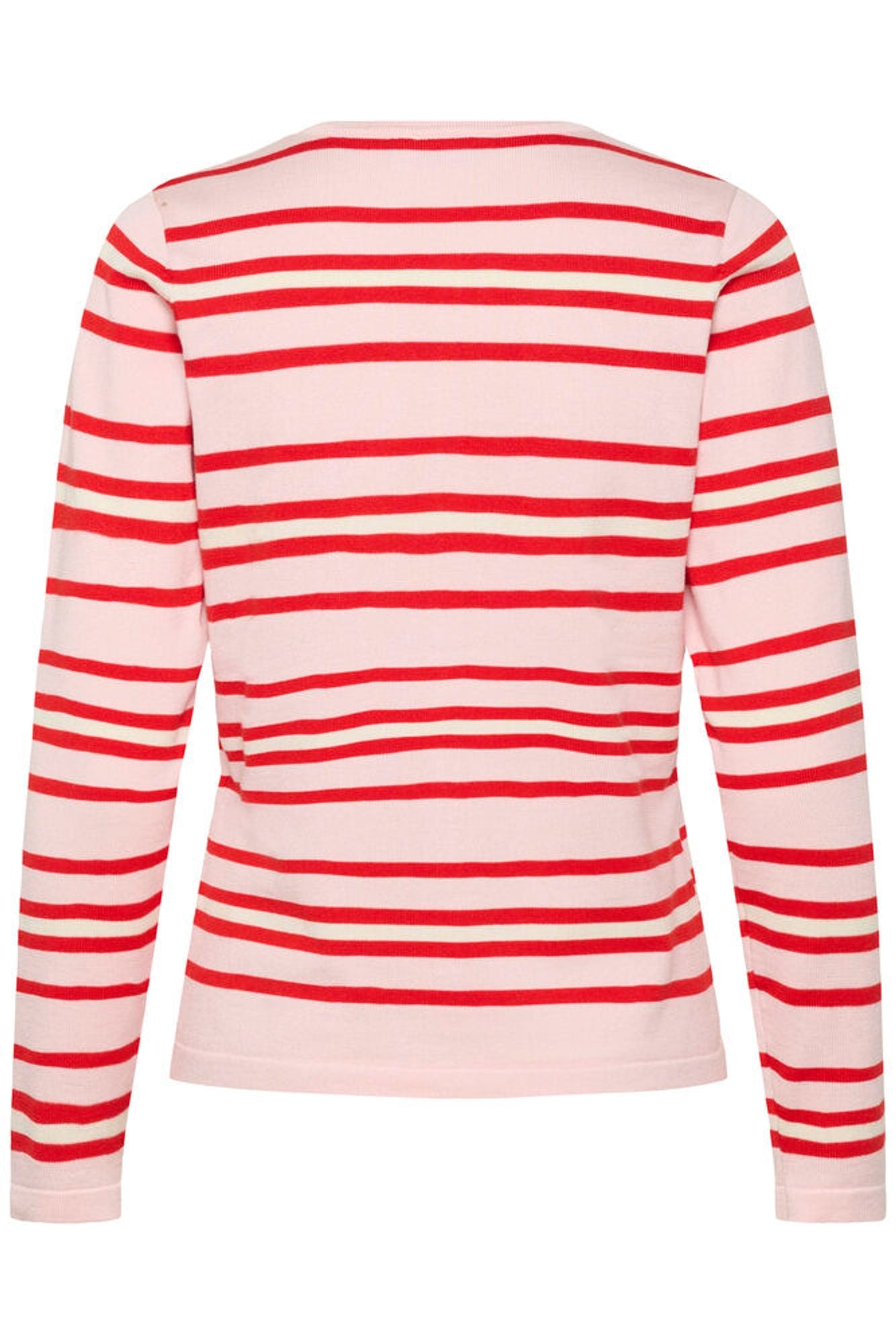 Back view of pink cardigan with red stripes on a white background