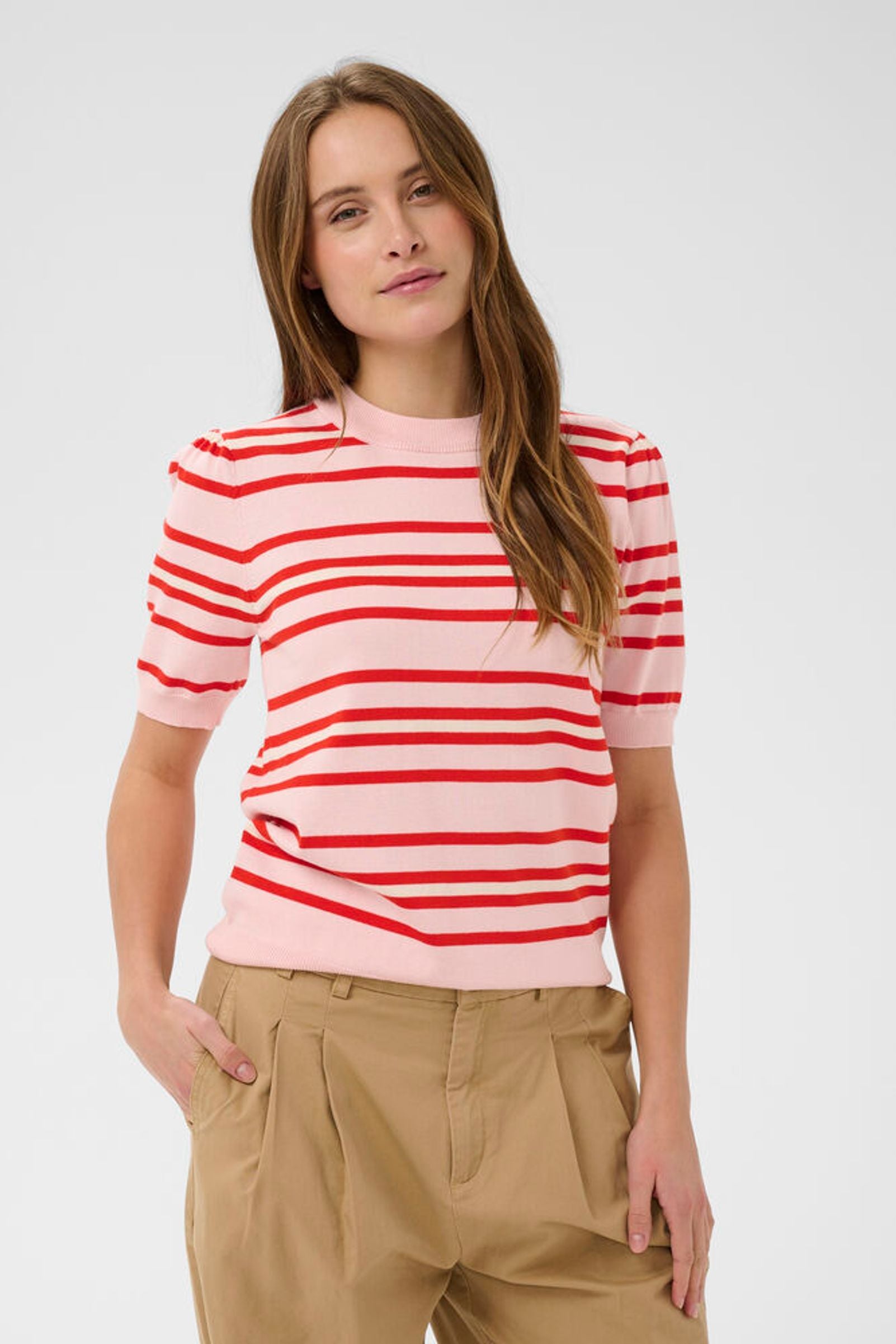 Model in pink short sleeve knit with red stripes