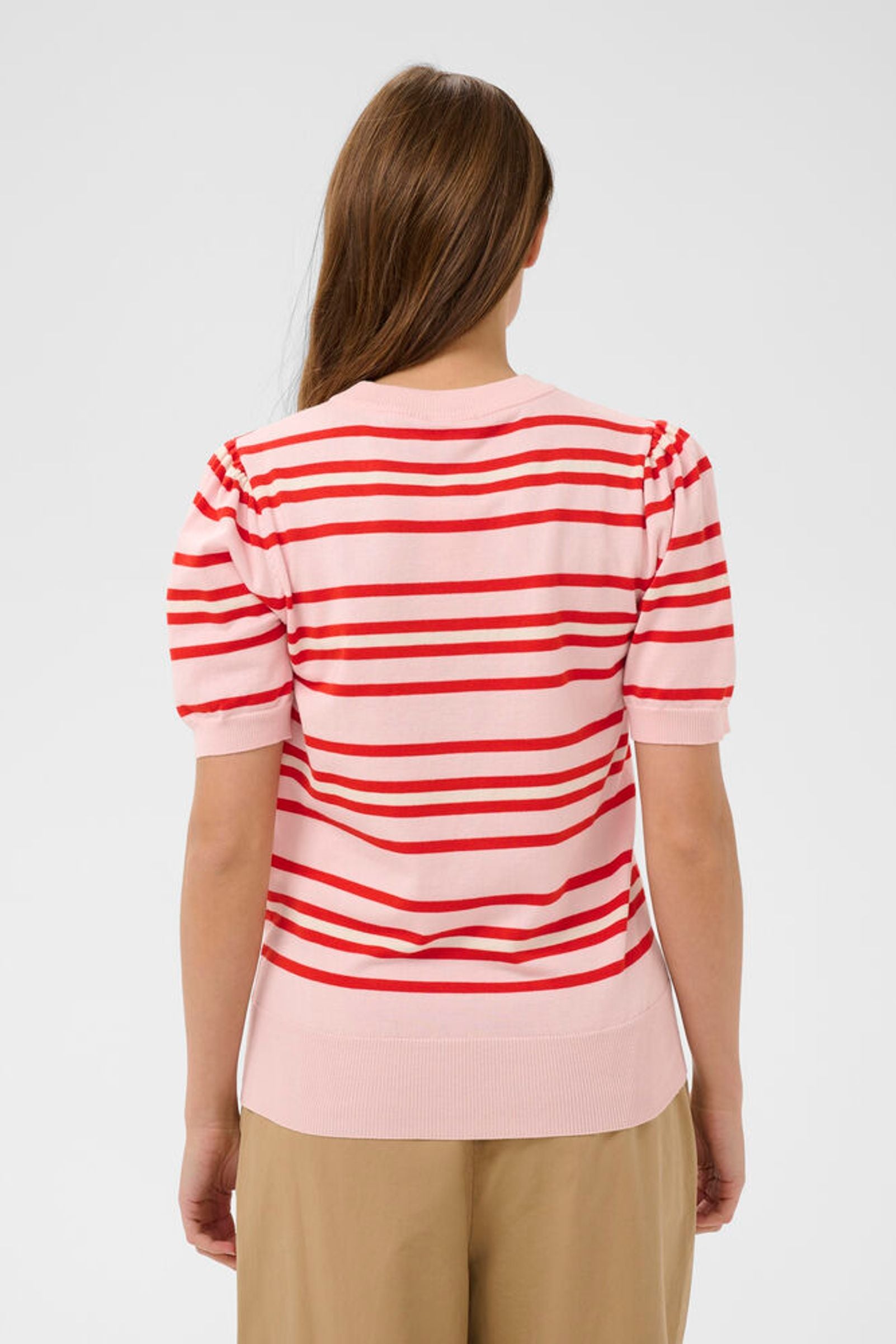Back view of pink short sleeve jumper with red stripes