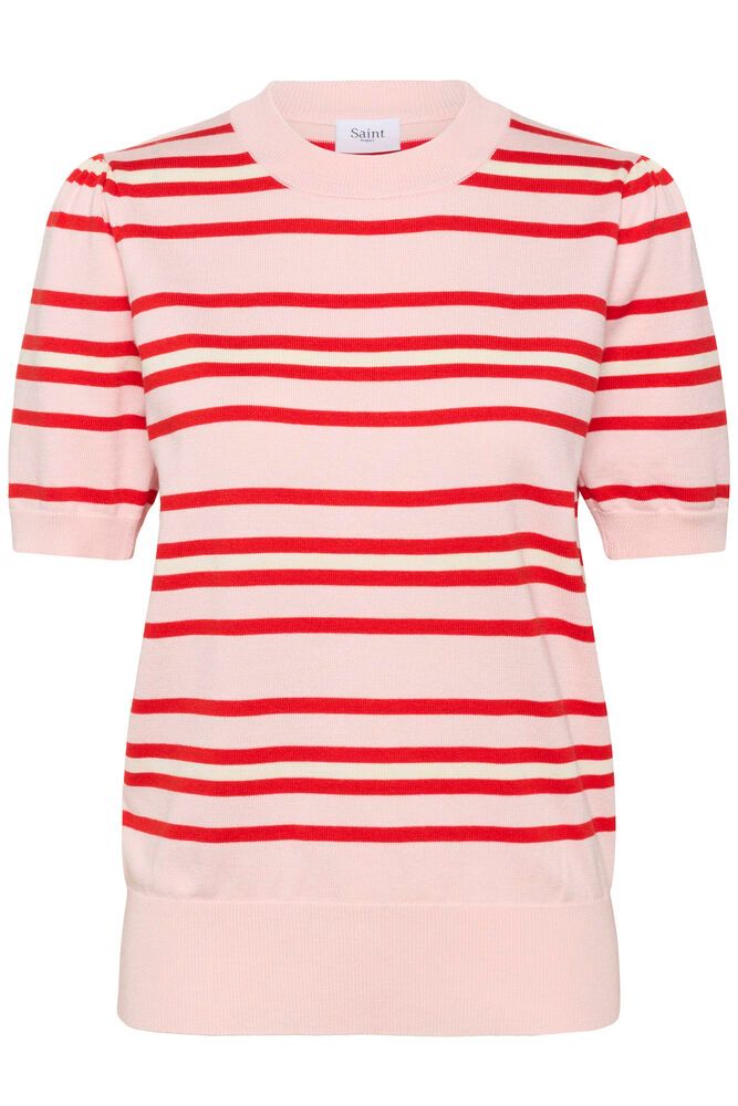 Product shot of short sleeve knit in  pink with red stripe