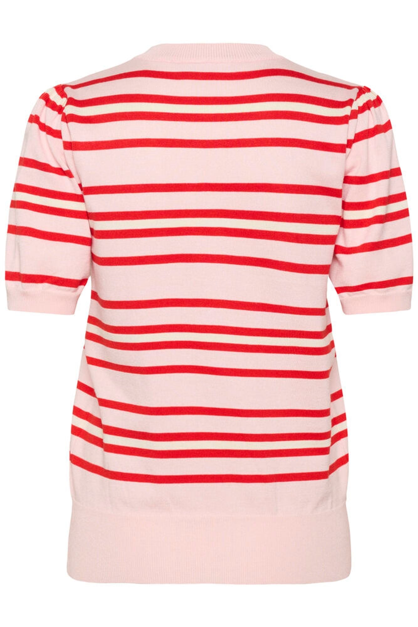 Back view of pink short sleeve knit with red stripe