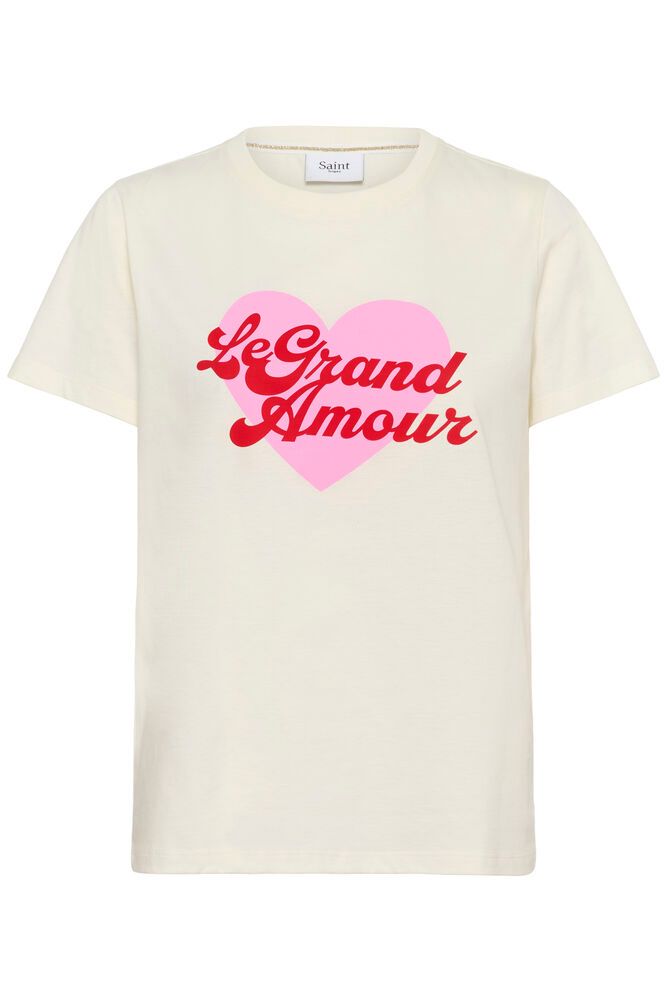 White t-shirt with pink heart and red text on a white background