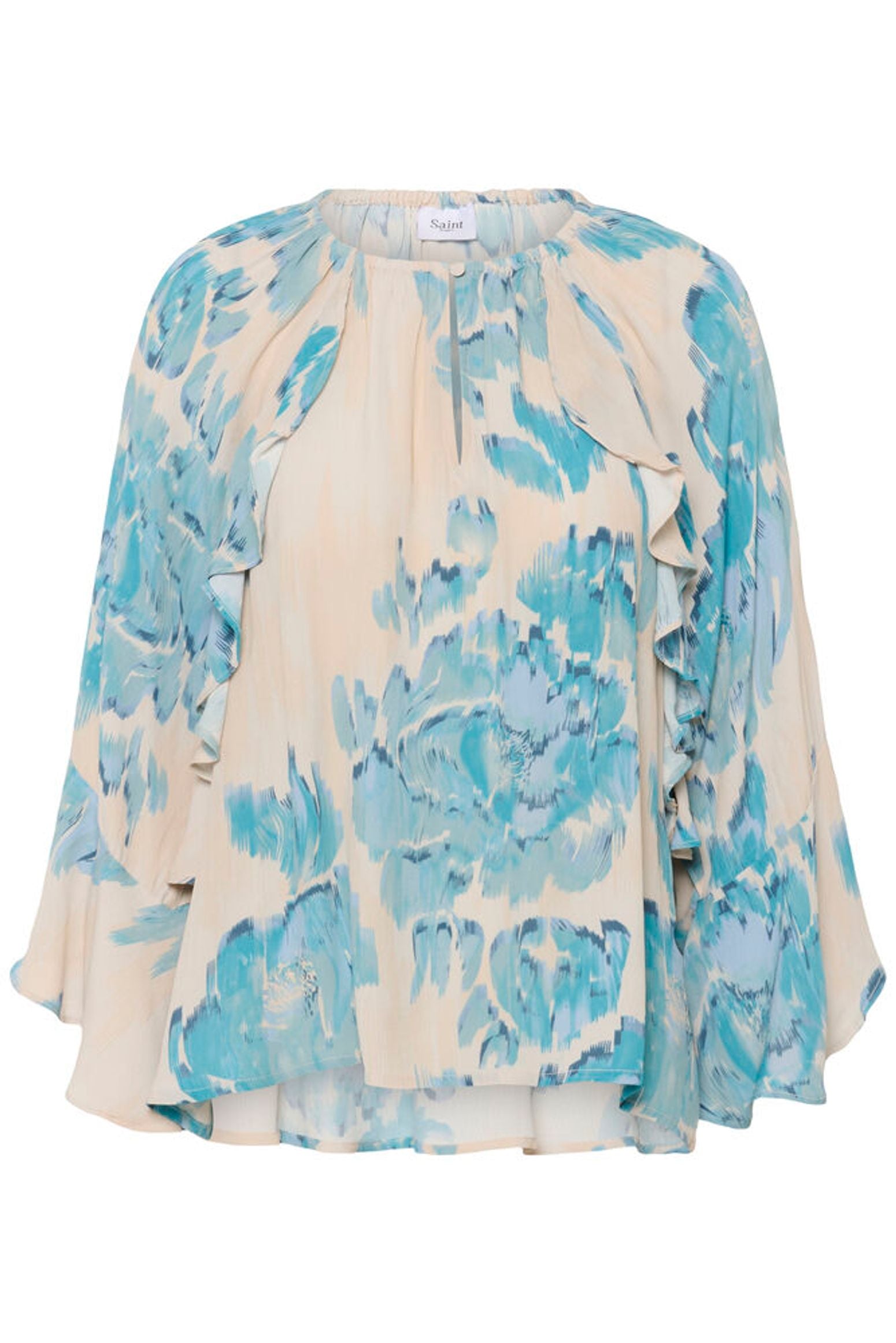 Floral blouse with blue and green pattern on a white background