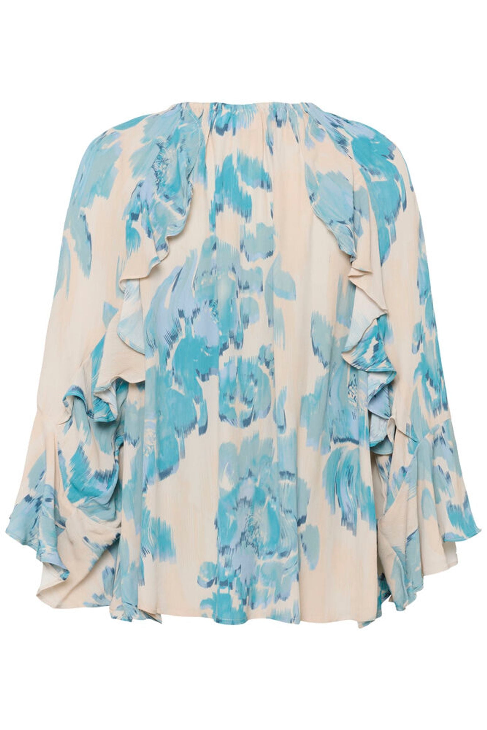 Blue and beige floral patterned dress on a white background