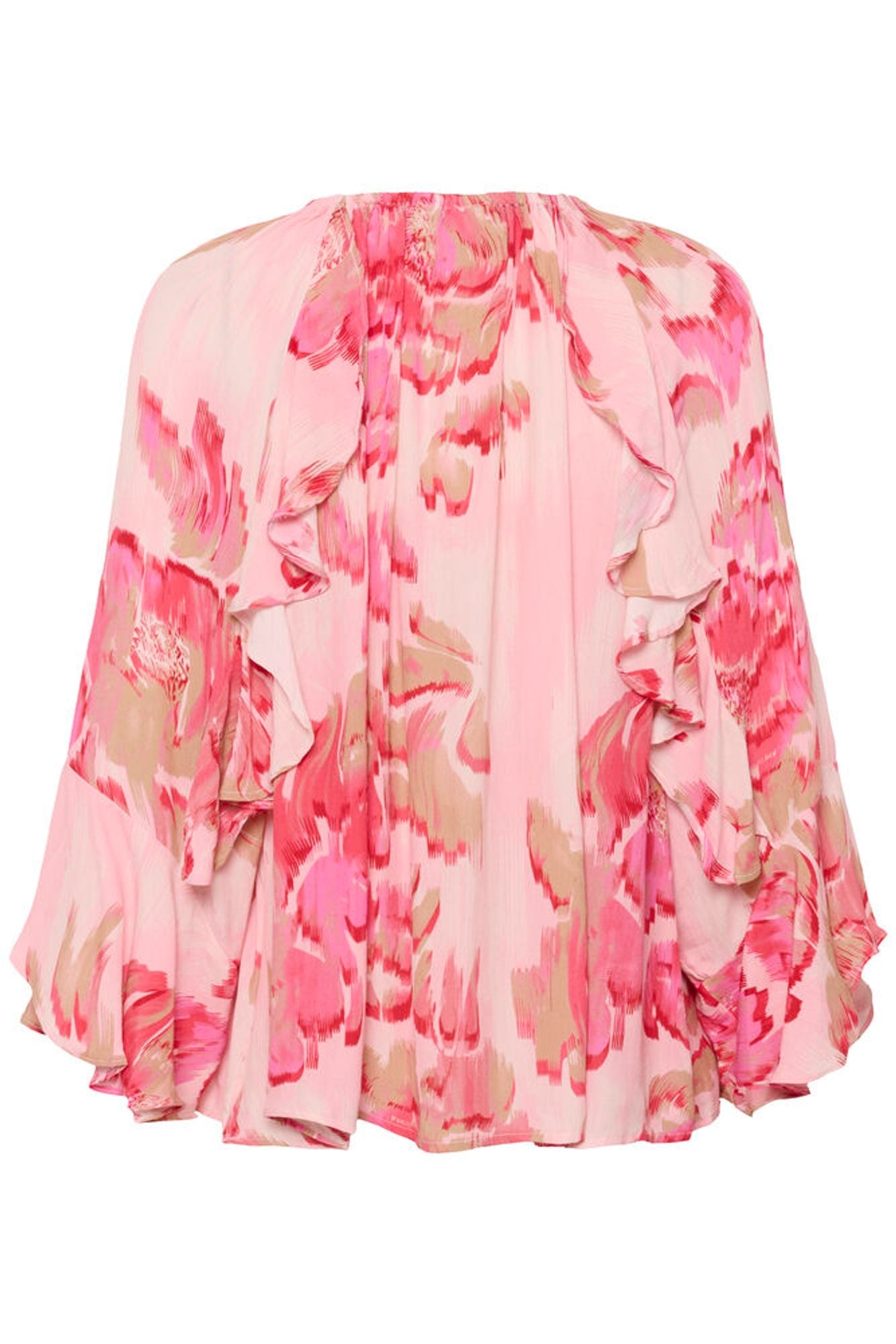 Floral blouse with pink and beige pattern on a white background