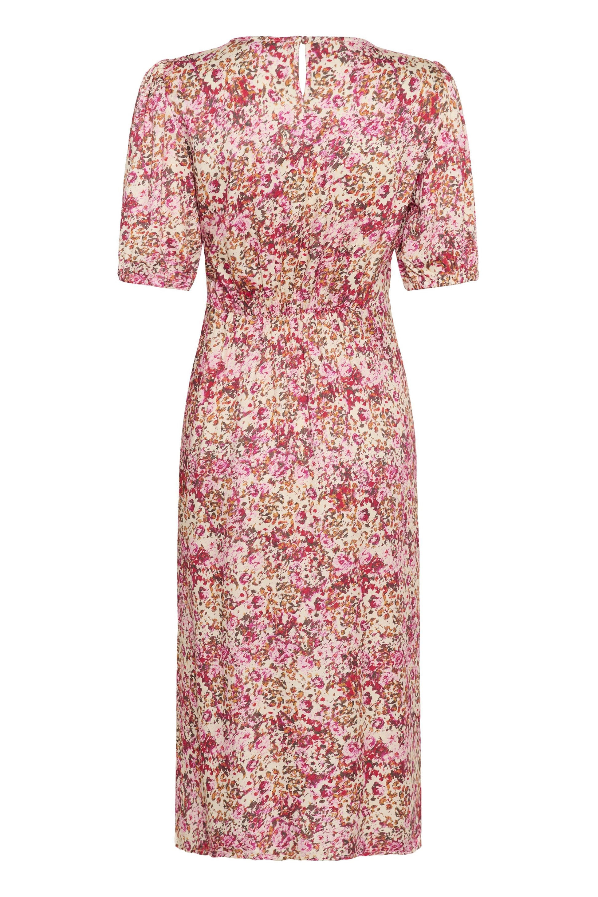 Floral dress with a pattern of pink, red, and beige flowers on a white background