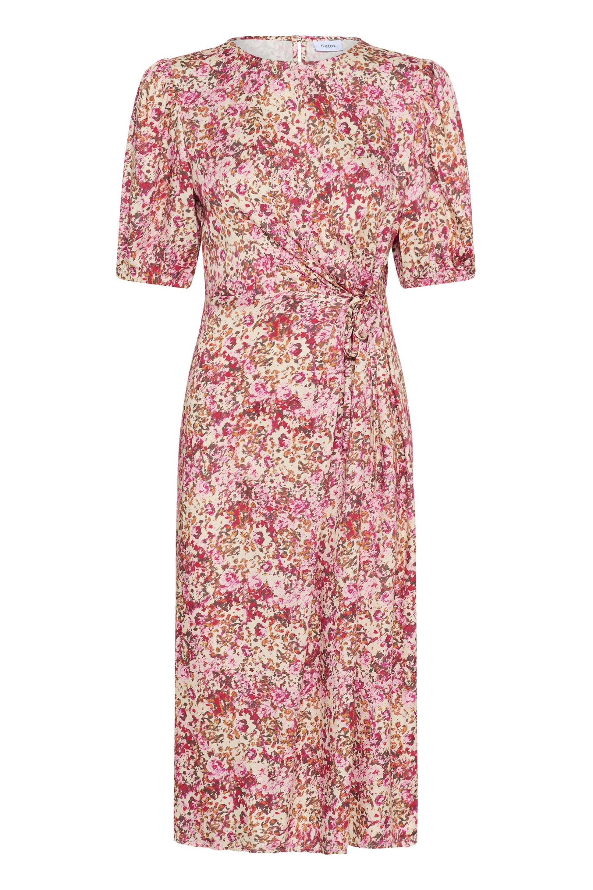 Floral dress with a pattern of pink, red, and yellow flowers on a white background