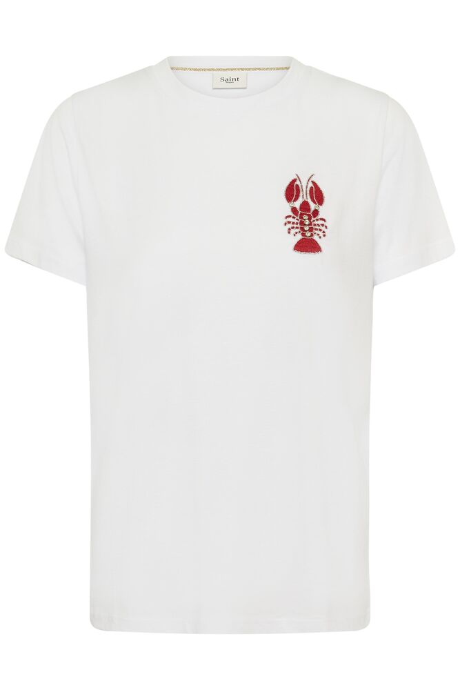 White t-shirt with a red lobster graphic on a white background