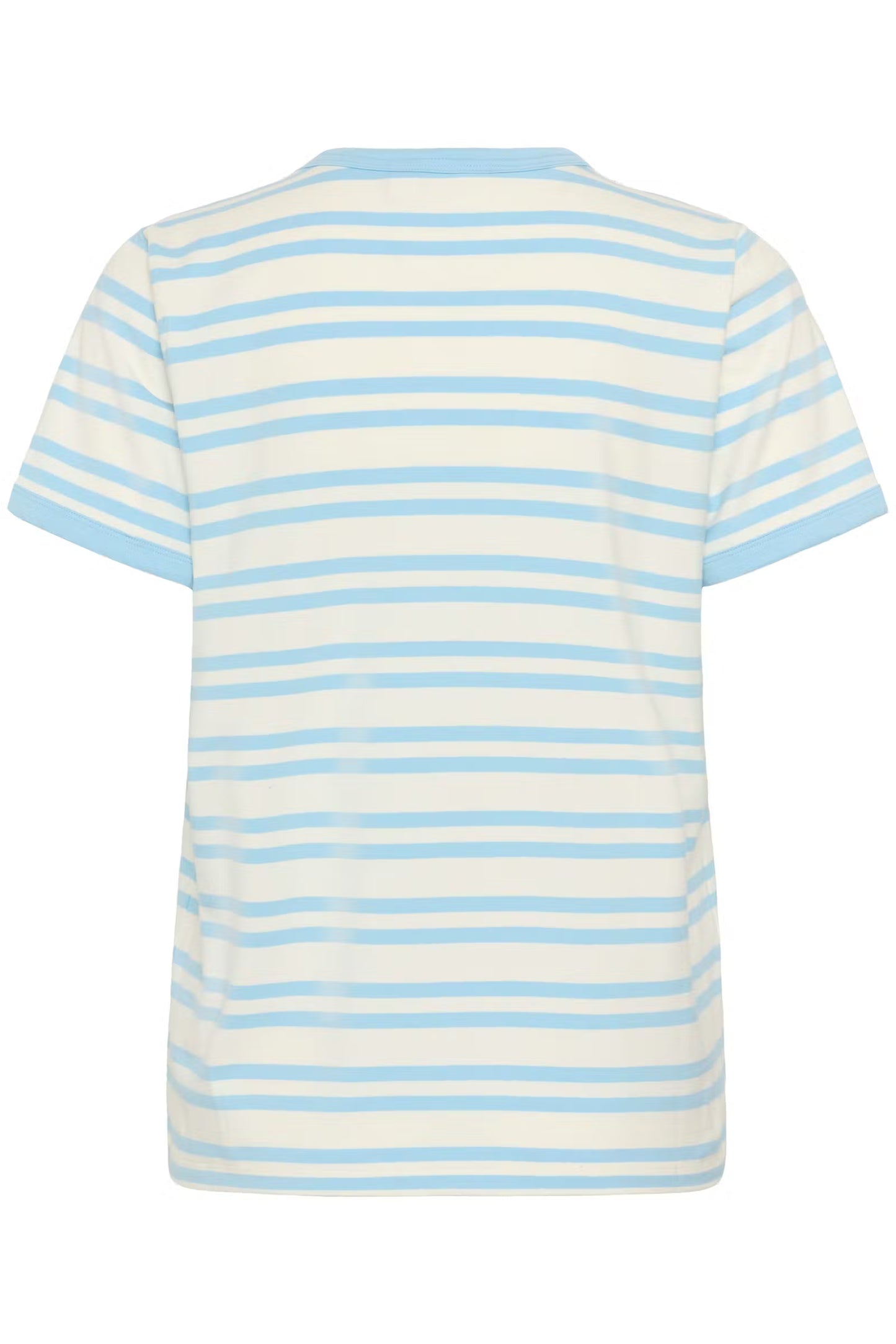 Striped t-shirt with blue and white horizontal stripes on a white background