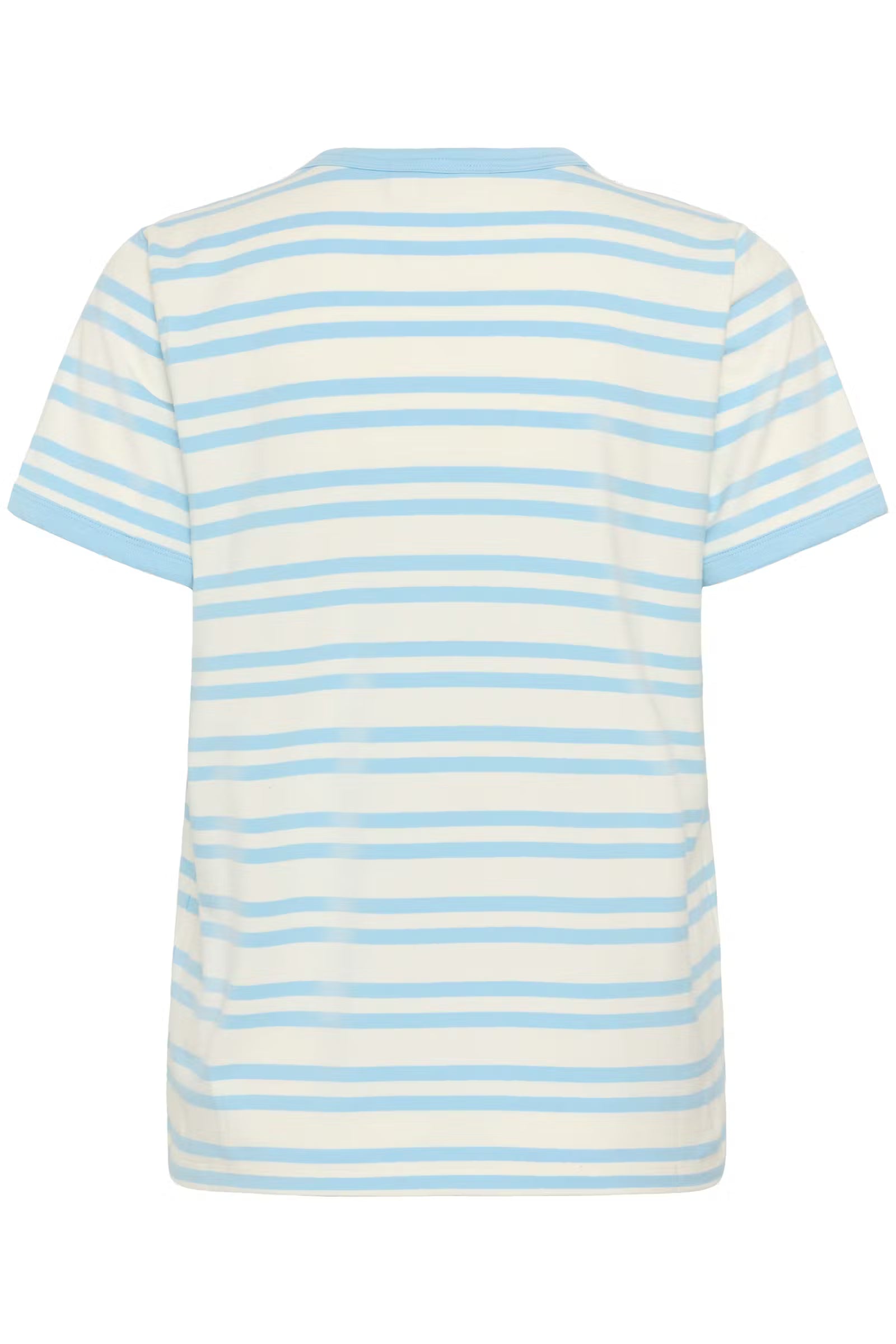Striped t-shirt with blue and white horizontal stripes on a white background