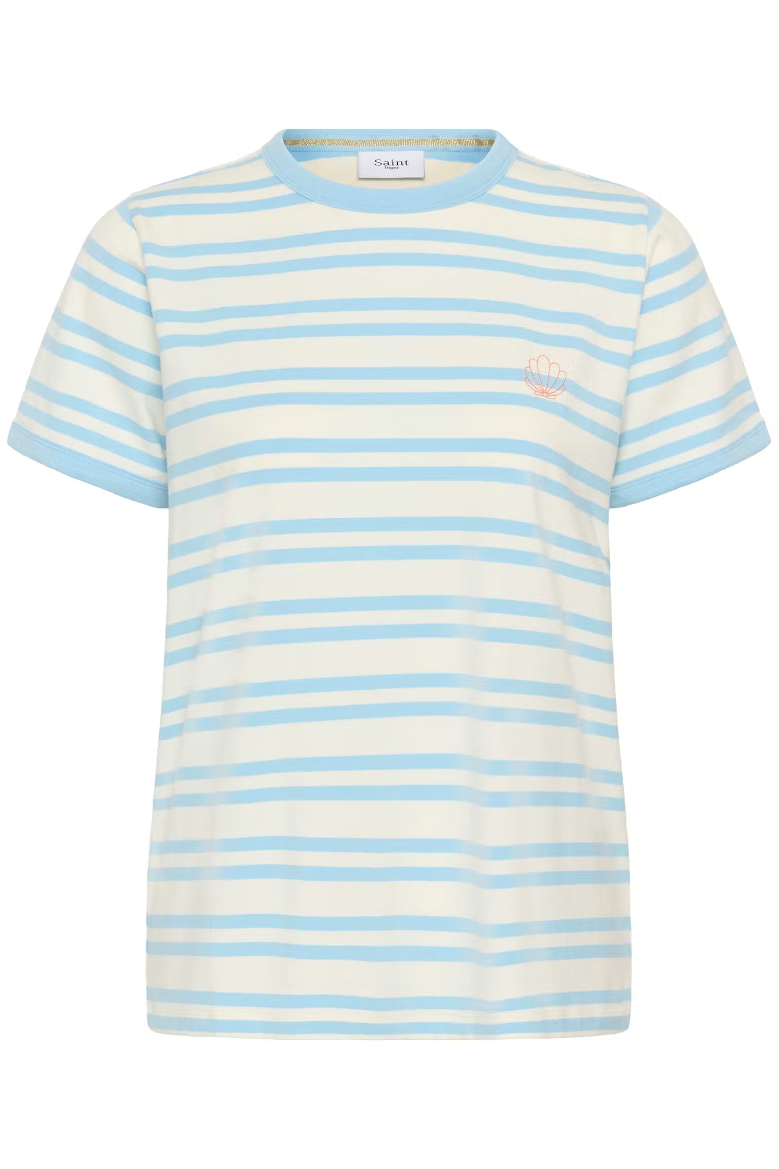 Striped t-shirt with blue and white horizontal stripes on a white background