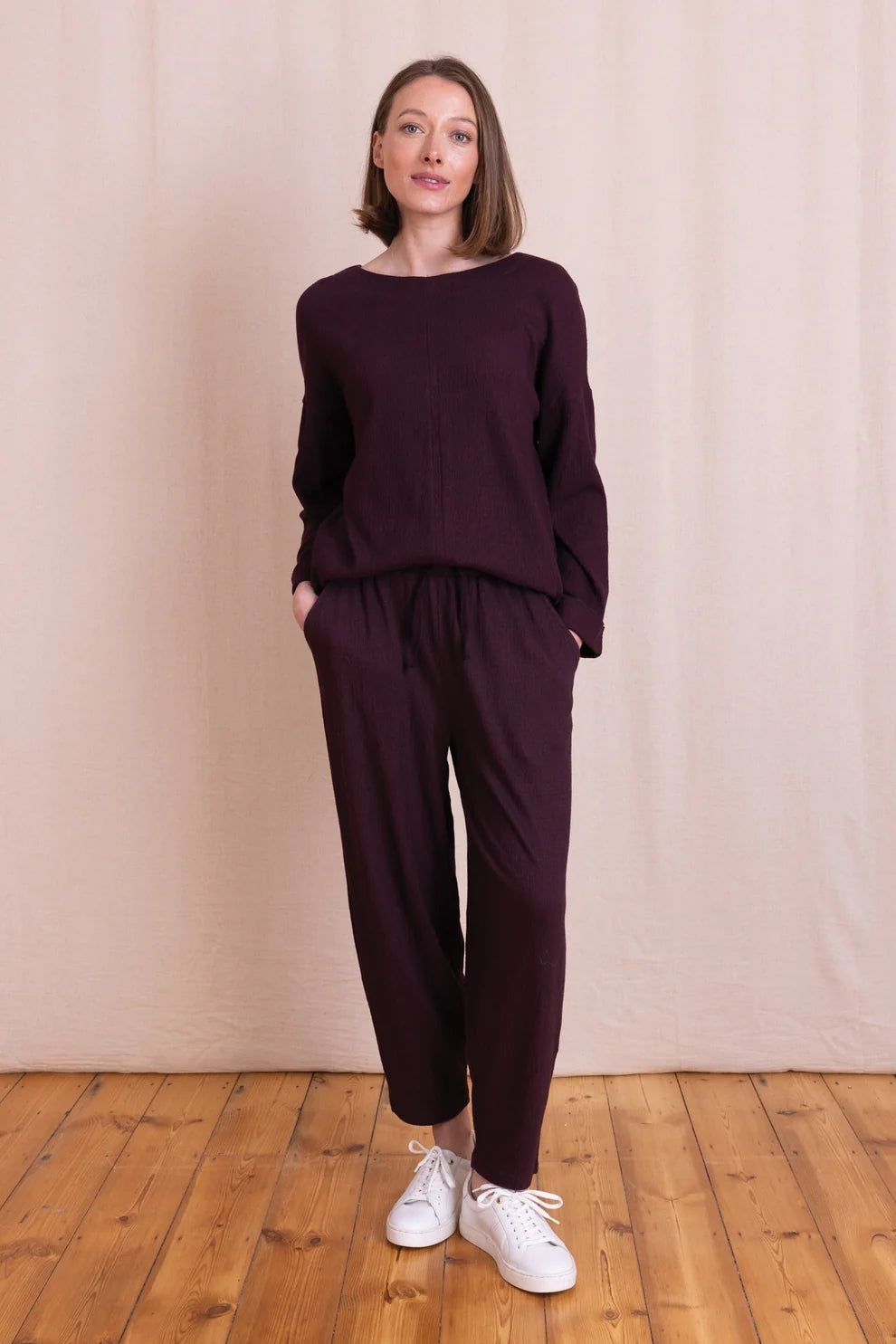 Nomads | Textured Jersey Barrel Trousers | Burgundy