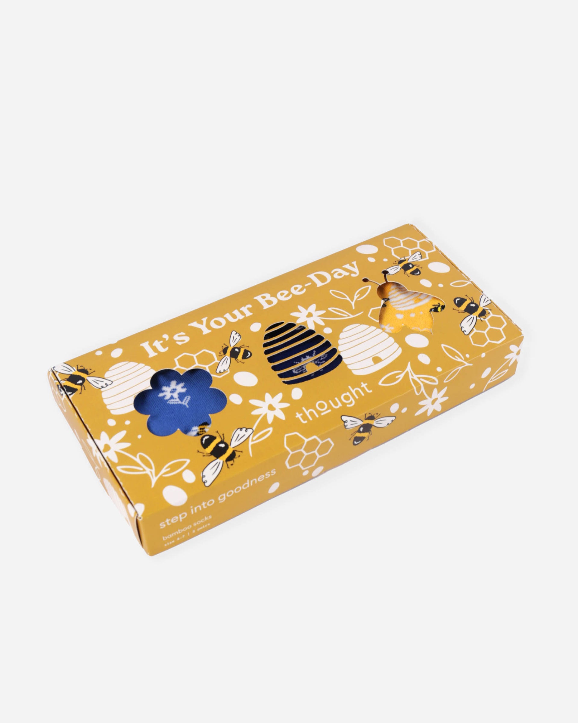 Gift box with bee-themed design on a white background