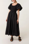 Puff Sleeve Mix Fabric Midi Dress | Black