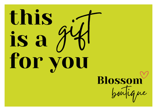 Gift card with 'this is a gift for you' text and 'Blossom boutique' branding on a yellow background.