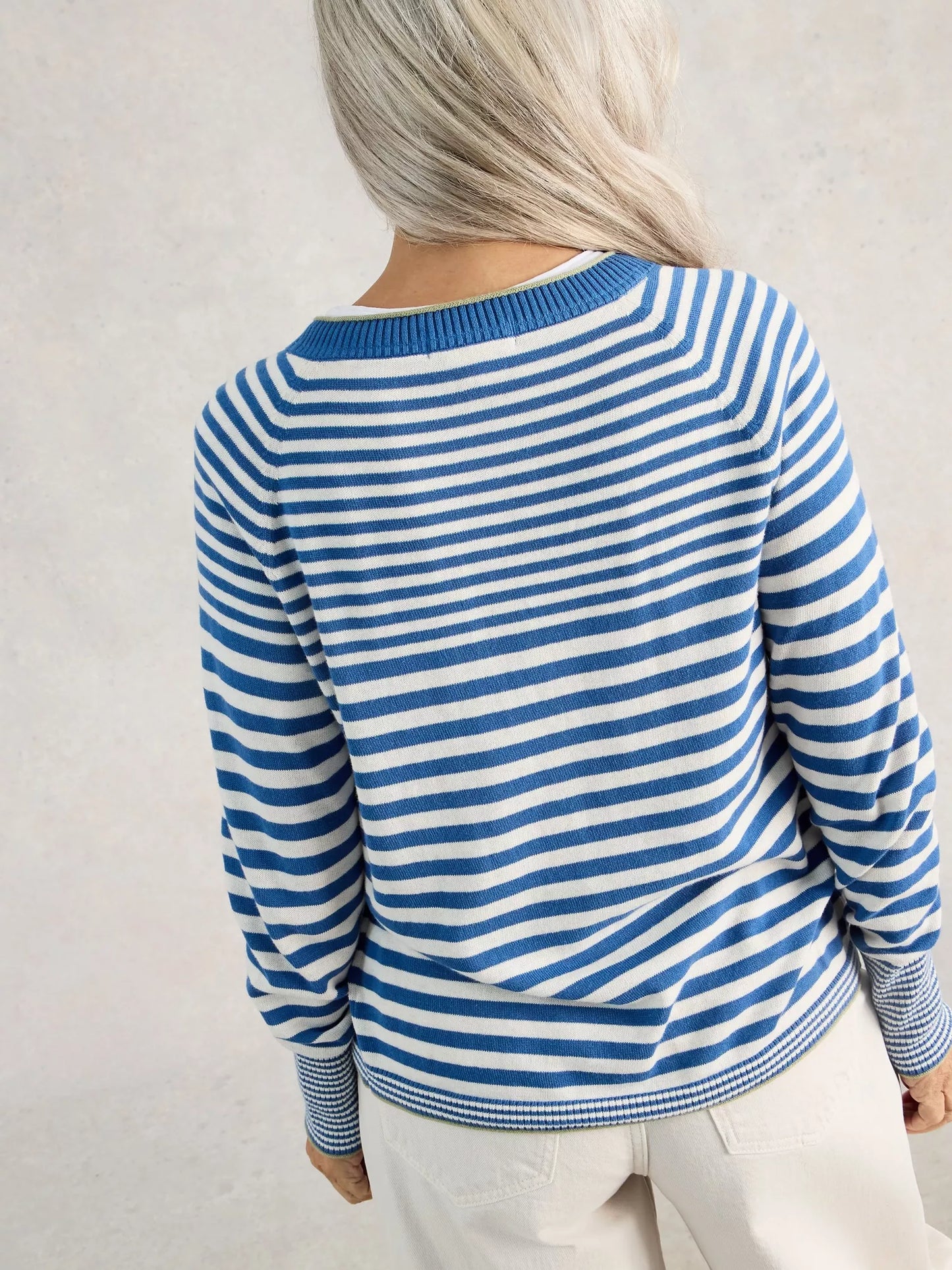 back detail of blue and white striped cardigan 