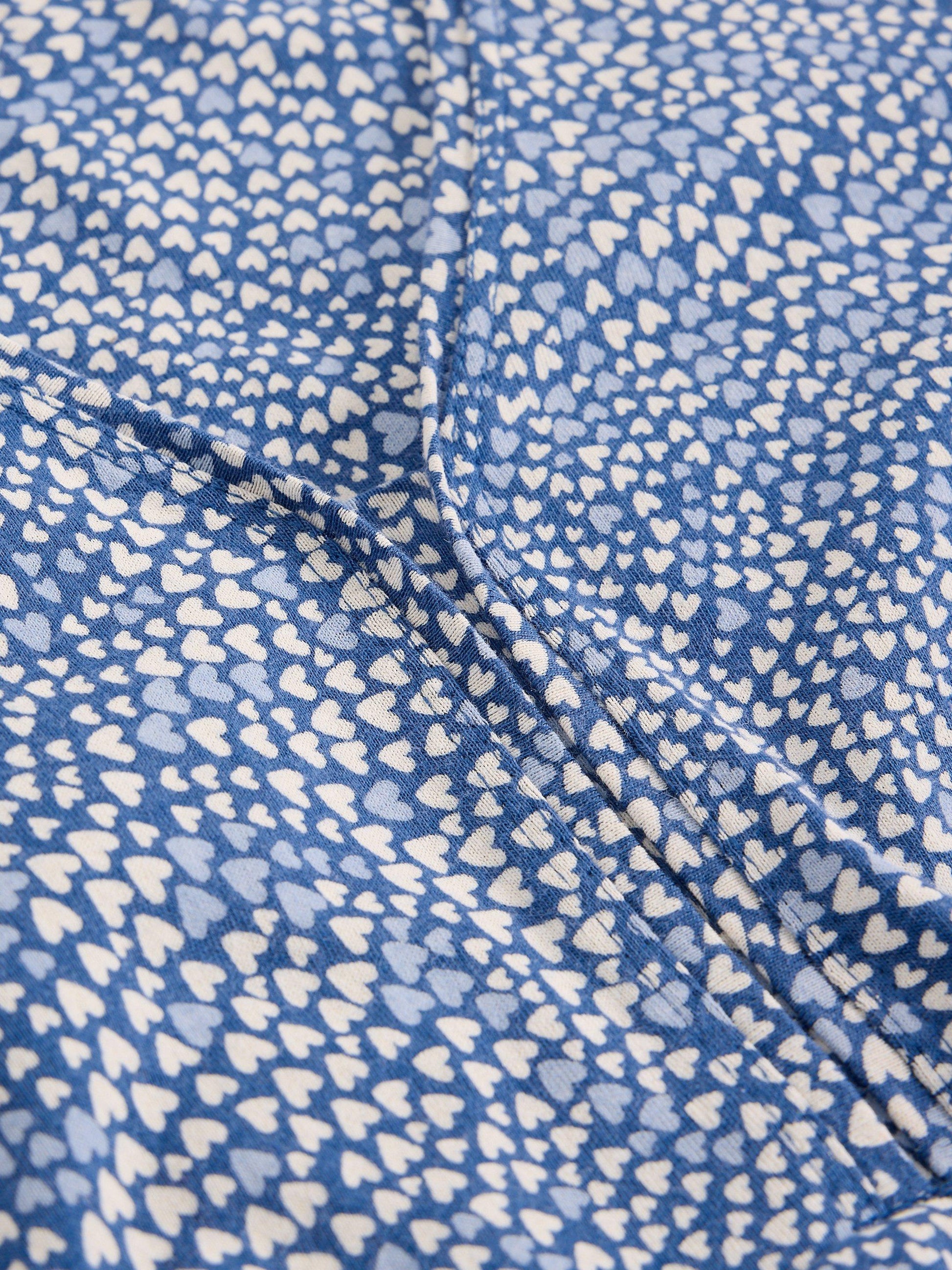 Close up detail of blue and white heart print