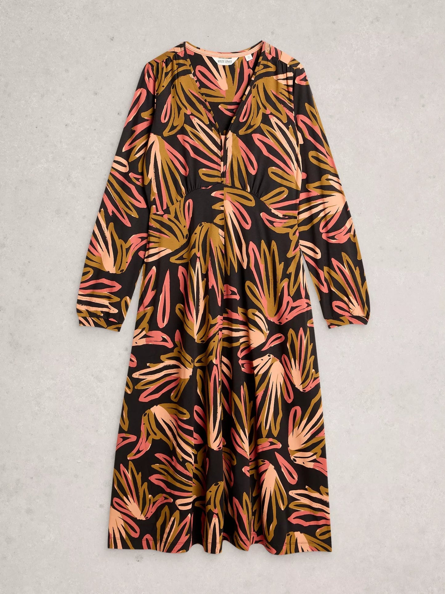 flat lay of floral jersey dress