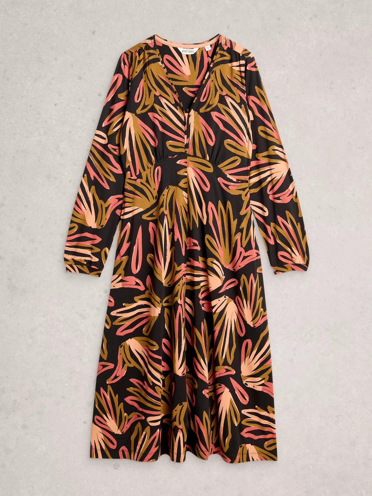 flat lay of floral jersey dress