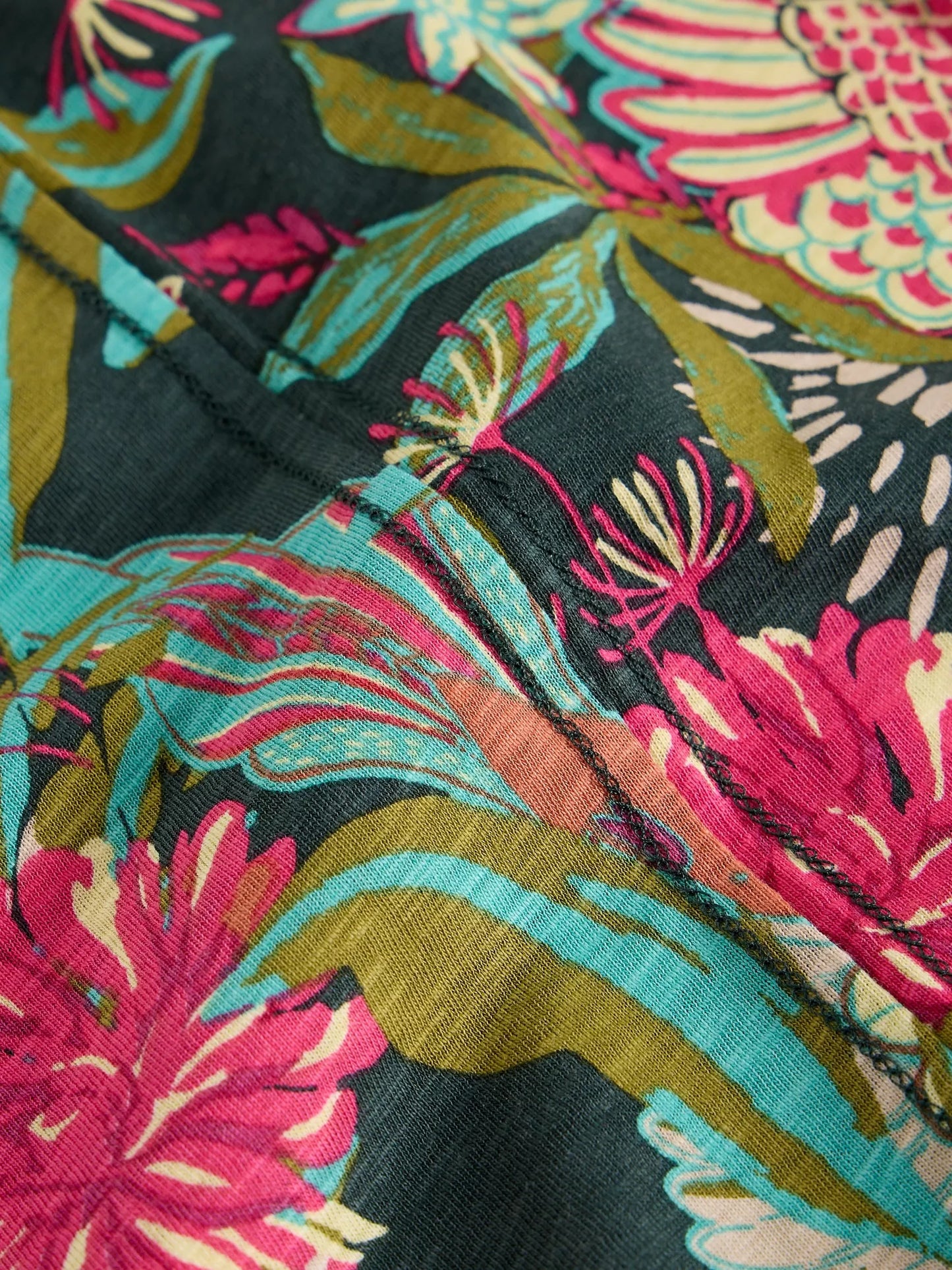 Close-up of colorful floral fabric pattern with pink, green, and orange flowers on a black background.