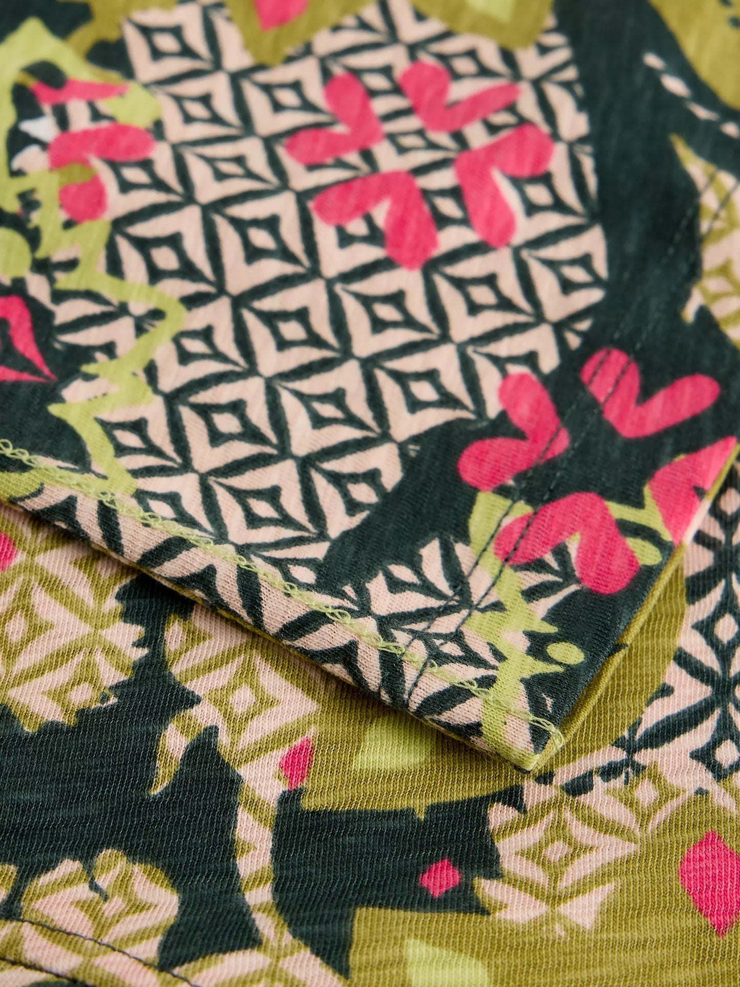 Close-up of a patterned fabric with geometric and floral designs.