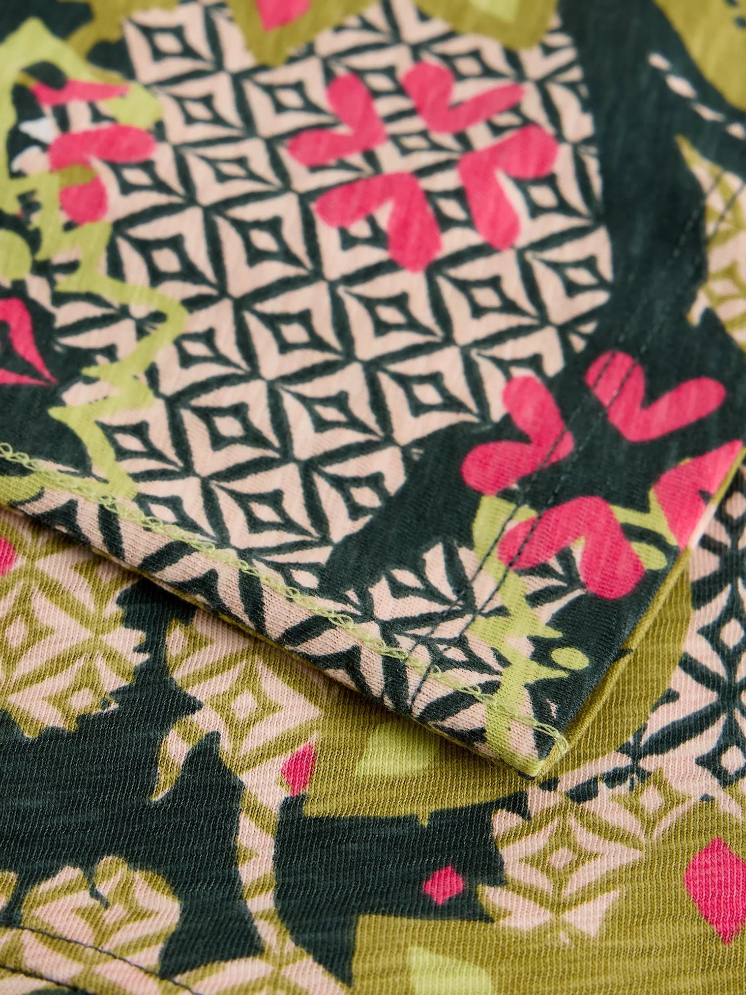 Close-up of a patterned fabric with geometric and floral designs.