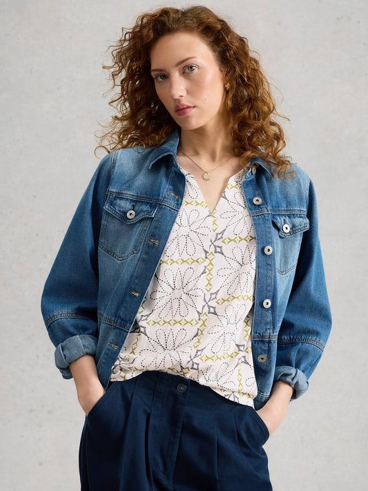 White Stuff | Nelly Notch Neck Short Sleeve T-Shirt | White Print - Blossom Boutique Online  