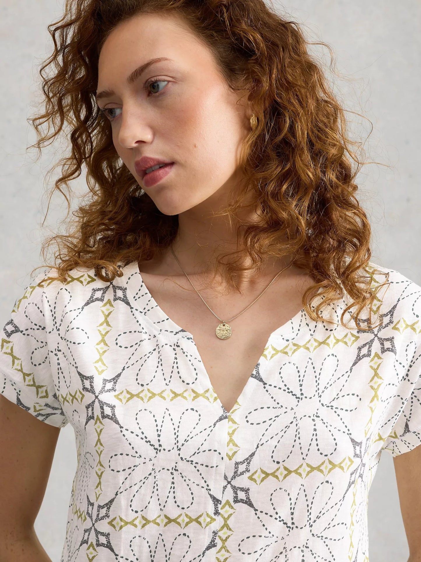 White Stuff | Nelly Notch Neck Short Sleeve T-Shirt | White Print - Blossom Boutique Online  
