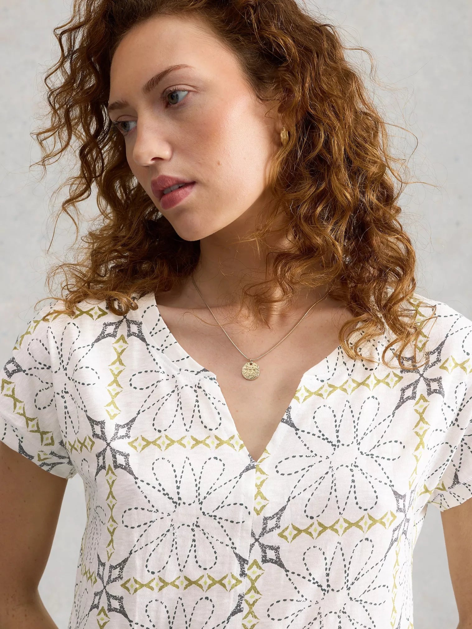 White Stuff | Nelly Notch Neck Short Sleeve T-Shirt | White Print - Blossom Boutique Online  