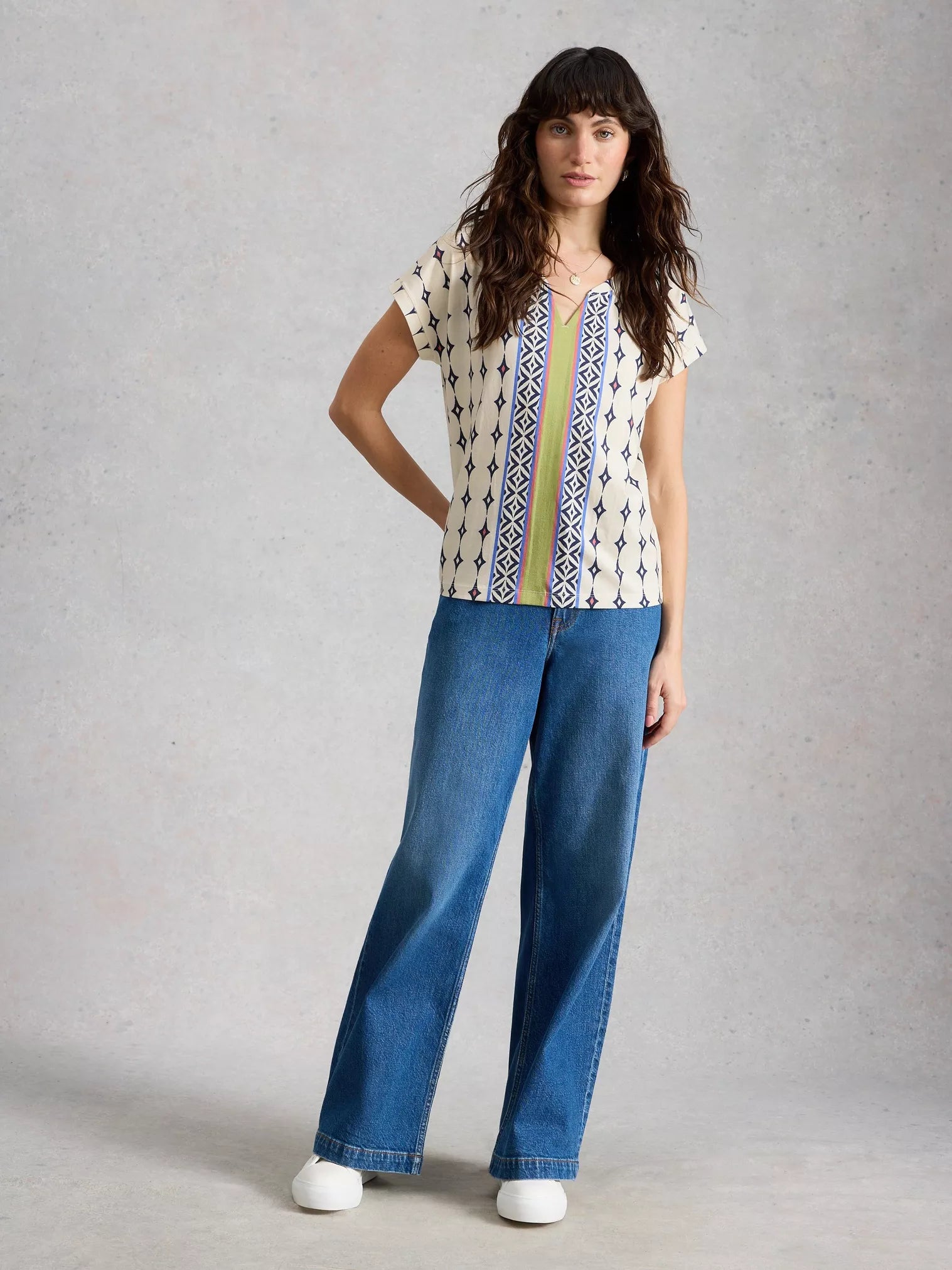 White Stuff | Nelly Notch Neck Short Sleeve T-Shirt | White Multi - Blossom Boutique Online  