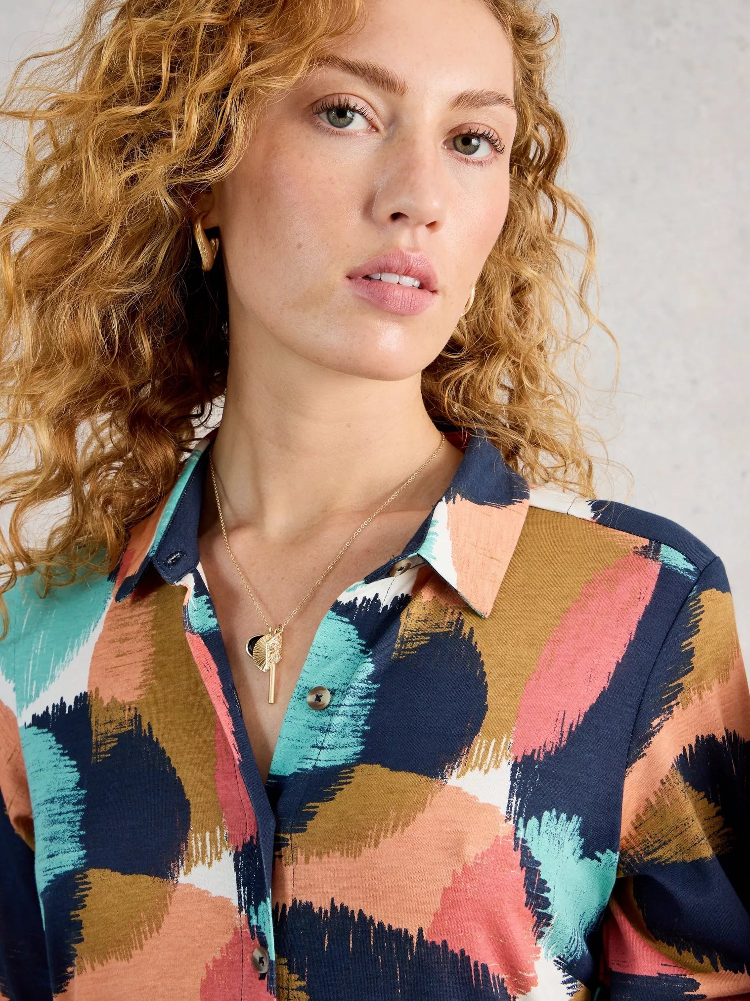 Close up of model in shirt dress