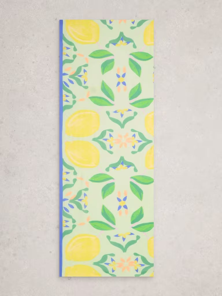 Scarf with lemon and leaf pattern on a light gray background