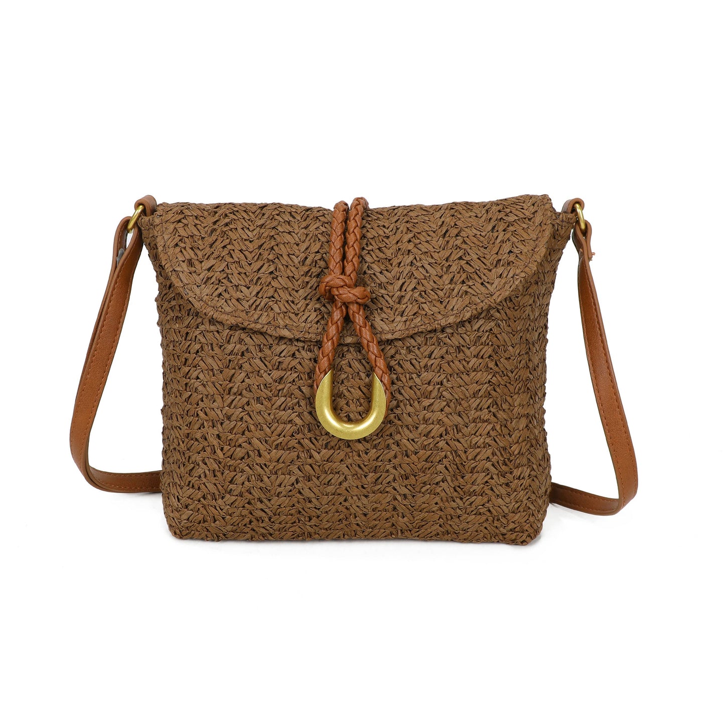 Brown woven handbag with a strap and gold ring on a white background