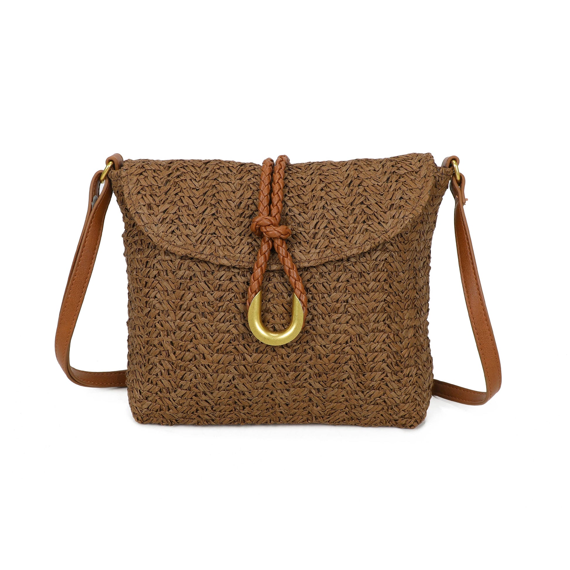 Brown woven handbag with a strap and gold ring on a white background