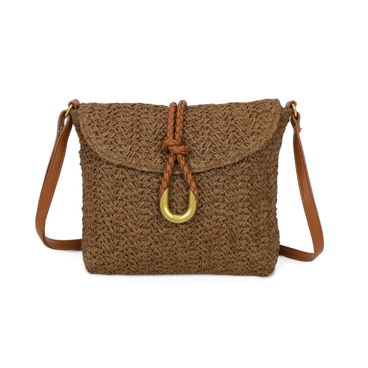 Brown woven handbag with a strap and gold ring on a white background