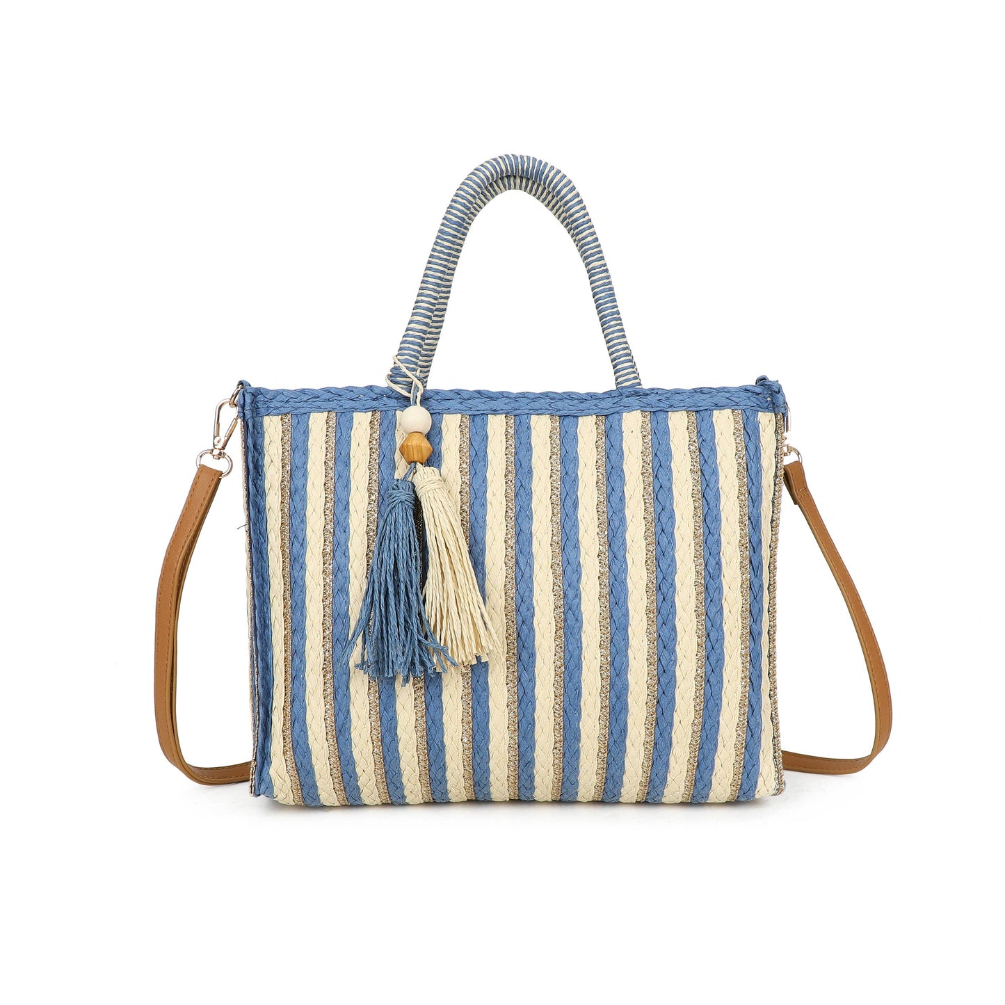 Striped handbag with tassel on a white background