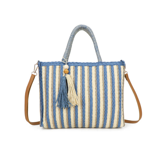 Striped handbag with tassel on a white background