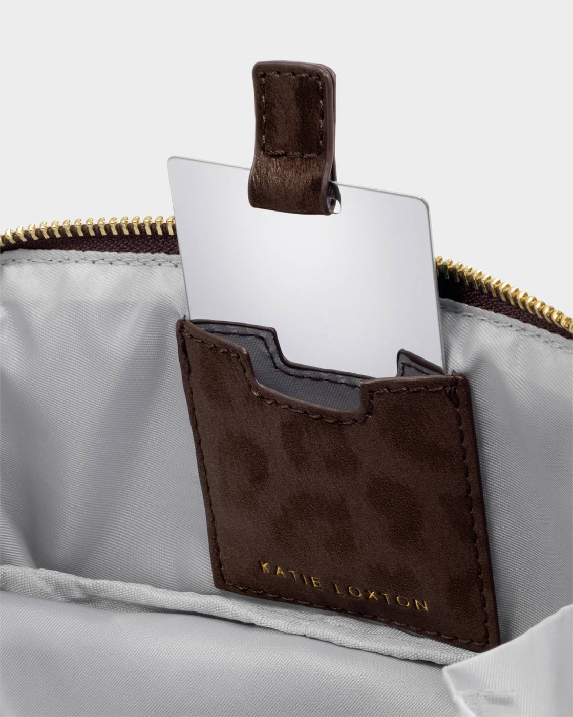Katie Loxton | Fold-Out Mirror Makeup Bag | Chocolate Leopard