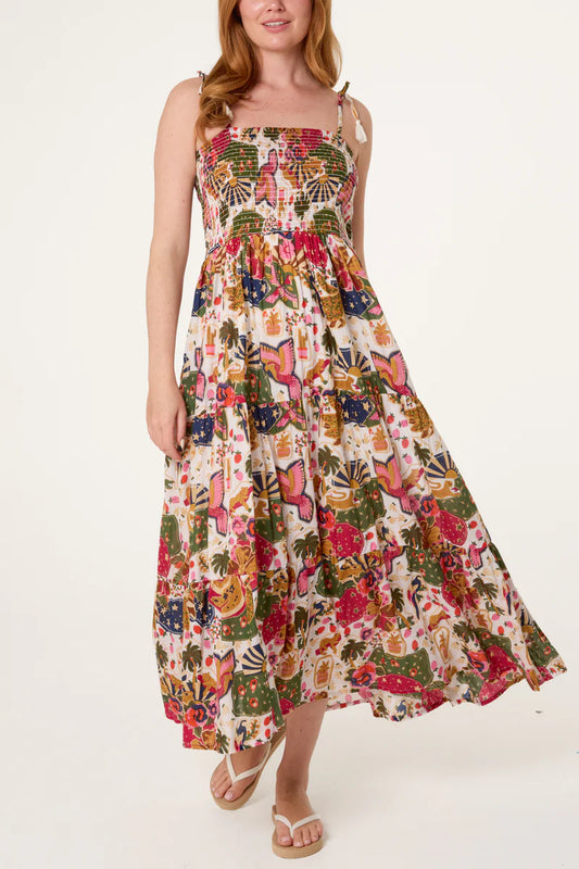 Whimsical Patchwork Shirred Dress