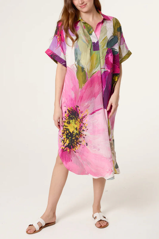Pre-Order | Watercolour Flower Open Collar Tunic Dress