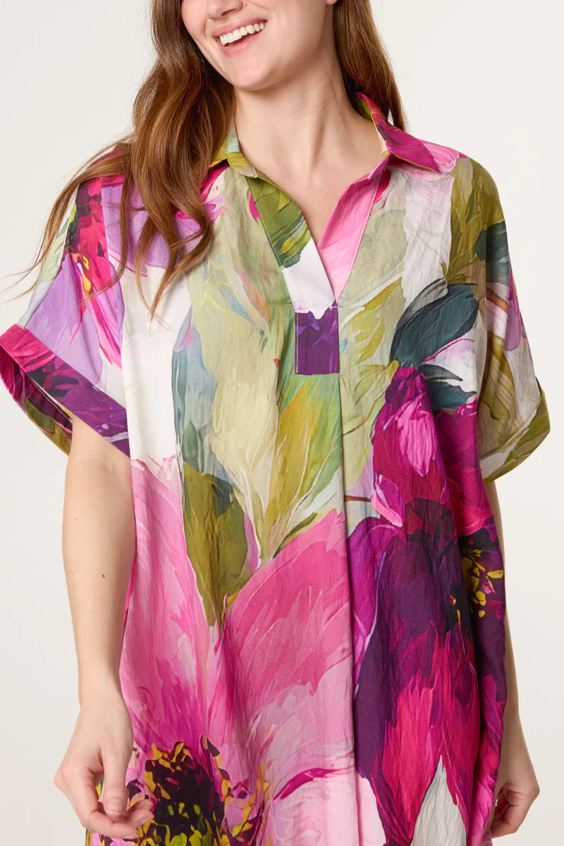 Watercolour Flower Open Collar Tunic Dress